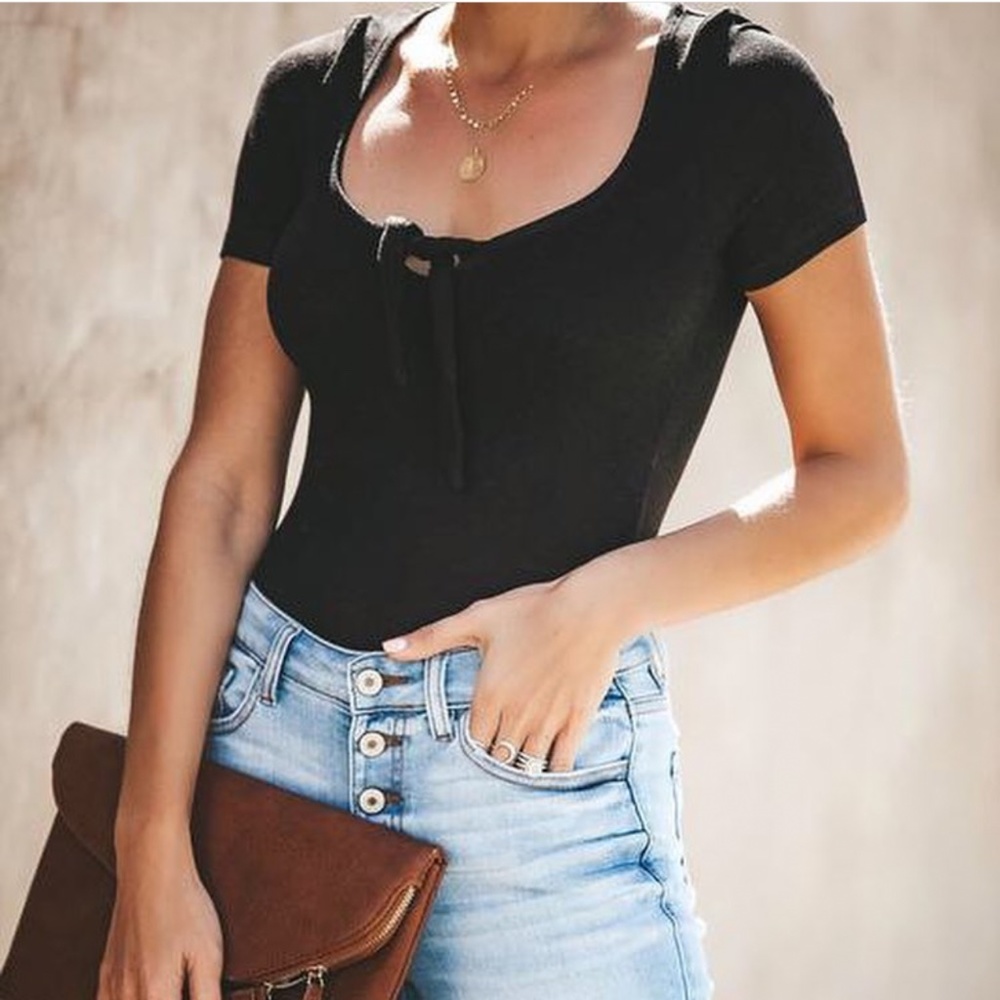 Black Ribbed Tie Bodysuit (Clasp Button Bottom Closure)